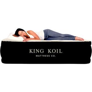King Koil Luxury Air Mattress Queen with Built in Pump, Integrated Premium Pillow Inflatable Airbed for Guests, Camping & Home, (Black)
