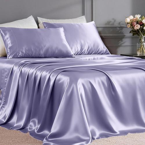 FreshCulture Satin Sheets Queen Size Bed Set- 4 Piece Luxury Soft Silky Queen Sheet Set, Similar to Silk Bed Sheets with 1 Deep Pocket Fitted Sheet, 1 Flat Sheet & 2 Pillowcases (Lavender)