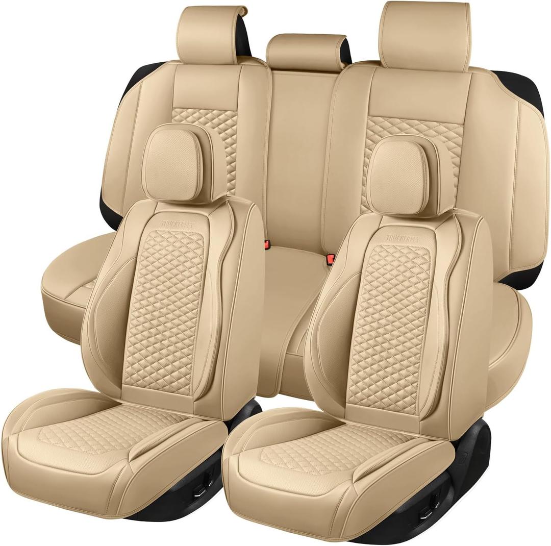 Car Seat Covers Full Set, Leather Seat Covers for Cars, 5 Pcak Breathable Seat Cover, Suitable for SUV/Truck/Sedan/Automotive (Beige)