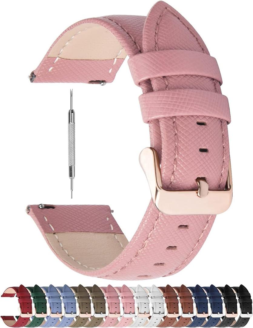 Fullmosa Leather Watch Band 14mm 16mm 18mm 20mm 22mm 24mm, Soft Genuine Leather, Quick Release Replacement Watch Strap for Women and Men, 18mm, Pink+rose gold buckle