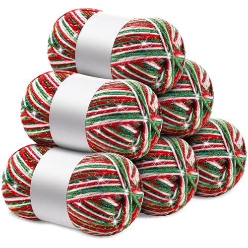 Timgle 6 Pcs Skeins Christmas Yarn for Crocheting 186 Yard Christmas Glitter Yarn Soft Each 100g/ 3.53 oz Knitting Crocheting Gift Craft Project Assorted Starter (Mixcolor Red Green White)