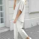 SeeLuNa Women's Two Piece Outfits 3/4 Batwing Sleeve Capelet Crew Neck Pullover Top Wide Leg Pants Lounge Set (Beige, S)