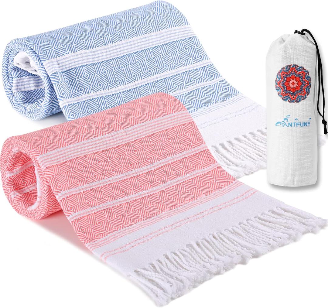 2 Packs Turkish Beach Towels Quick Dry Sand Free Soft Absorbent Extra Large Xl Big Blanket Adult Oversized Bath Towel Lightweight Thin Sandless Fast Drying Compact No Sand Packable Vacation Essentials (Thicker Set Petrol Coral)