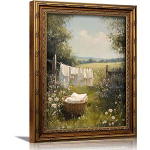 3D Textured Canvas Wall Art Vintage Carved Gold Frame Retro Cottagecore Laundry Farmhouse Country Landscape Relief Poster Print Artwork for Washroom Bathroom Laundry Room Home Decor