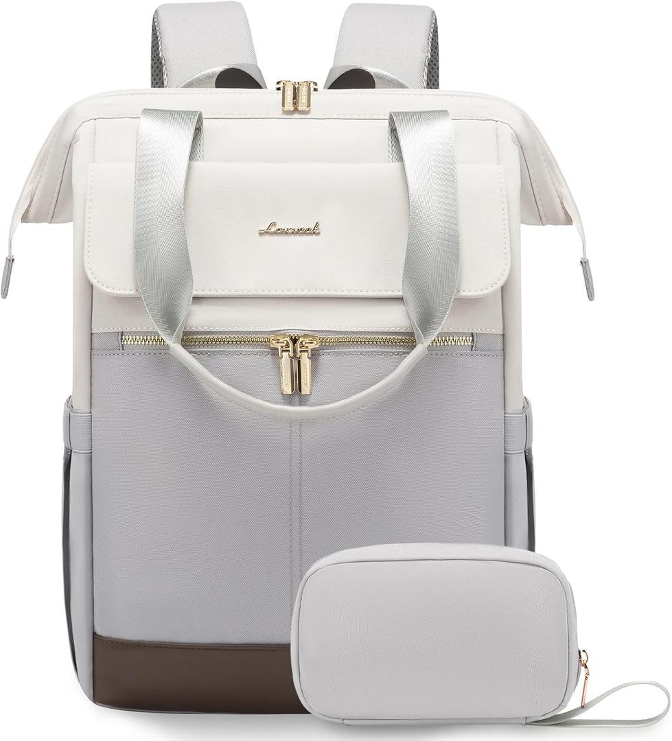 LOVEVOOK Laptop Backpack for Women, 15.6 Inch Work Laptop Bag with USB Port, Fashion Teacher Nurse Backpack Purse, Waterproof Travel Computer Backpack with Organizer Bag, 2PCS, Beige-Light Grey