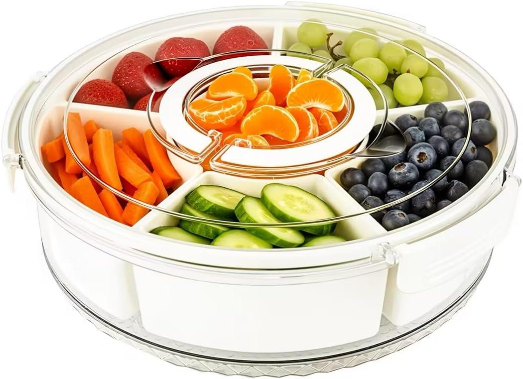 Divided Serving Tray with Lid and Handle,Rotation serving tray with lid,travel Snackle Box Charcuterie Container Portable Storage Organizer for Candy Divided Serving, 12.95 x 3.9 inches