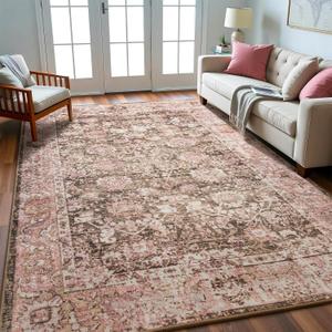 Andecor Living Room Area Rug, 6x9 Washable Rugs Perfect for Bedroom, Kids Room, Nursery, Dining Room, Foldable Low Pile Non-Slip, Pet & Child Friendly Vintage Carpets, Light Pink
