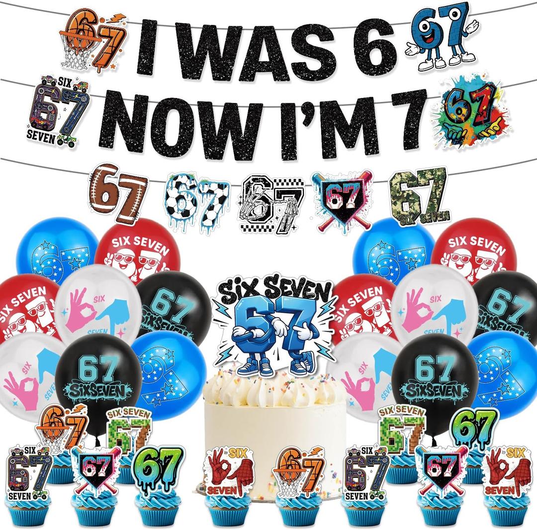 67 Birthday Decorations Set, Six Seven Meme Banner, Cake Topper, 12 Cupcake Toppers, 16 Balloons