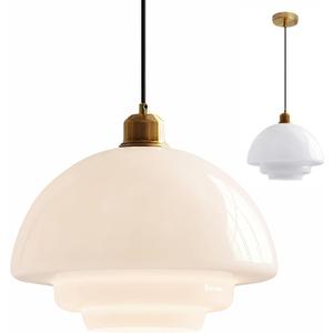 Mid-Century Milk Glass Pendant Light with Gold Metal Holder, Indoor Ceiling Hanging Lamp, E26 Farmhouse Modern Lighting for Kitchen Island, Dining, Living Room (White, B)