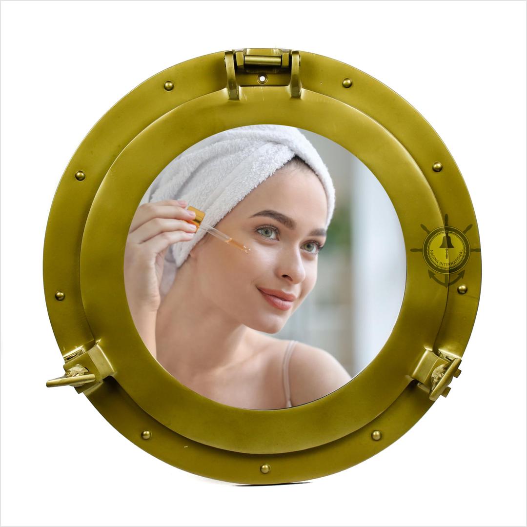 Nagina International Powder Coated Antique Vintage Nautical Premium Aluminum Pirate's Ship's Porthole Mirrors| Exclusive Wall Decor Accent (24 Inches, Antique Brass)