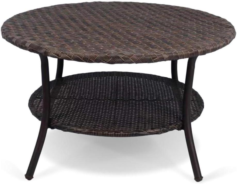 Cambridge Outdoor Rattan Round Coffee Table, All-Weather HDPE Wicker Patio Side Table 2-Tier Circle Table with Storage for Garden Porch Deck, Brown