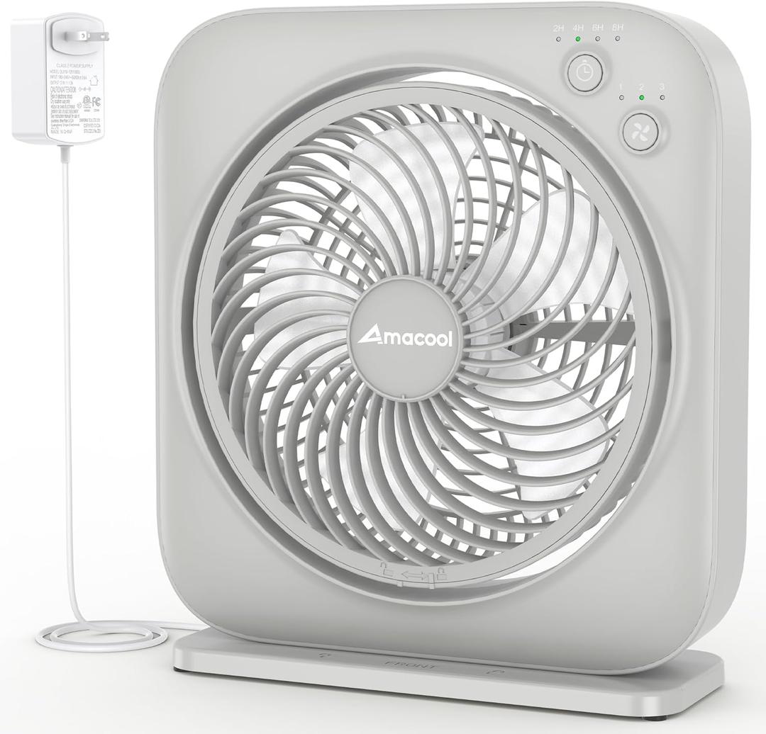 AMACOOL Table Fan, 12 inch Box Fan with 3 Adjustable Speeds & 8HRS Timer, Adjustable Angle Quiet Air Circulator, Desktop Fan for Bedroom Bathroom Kitchen Office, AC Adapter Included-Grey