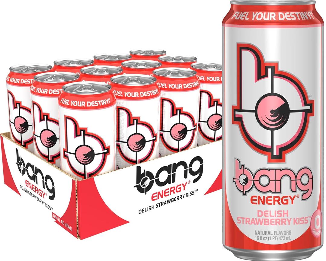Bang Energy Delish Strawberry Kiss, Sugar-Free Energy Drink, 16 Fl Oz | Pack of 12 (EXP 07/09/27)