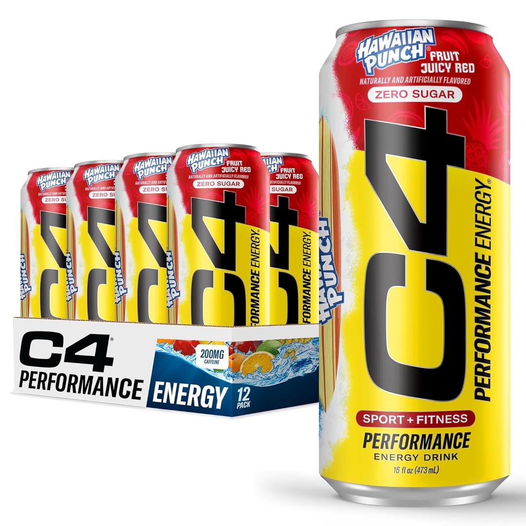 C4 Energy Drink, Hawaiian Punch Fruit Juicy Red, Carbonated Sugar Free Pre Workout Performance Drink with no Artificial Colors or Dyes, 16oz Pack of 12 (BB: 07/2026)