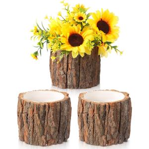 3 Pcs Wooden Vase for Centerpieces Woodland Table Decor Wooden Flower Vase Rustic Bark Stump Buckets Vintage Wood Planter Pots for Garden Party Wedding Window Home Farmhouse (Large)