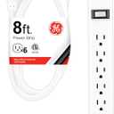 GE 6-Outlet Power Strip, 8 Ft Extension Cord, Heavy Duty Plug, Grounded, Integrated Circuit Breaker, 3-Prong, Wall Mount, UL Listed, White, 67122