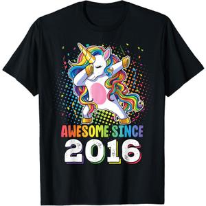 Awesome Since 2016 Girls Boys Dabbing Unicorn Birthday T-Shirt