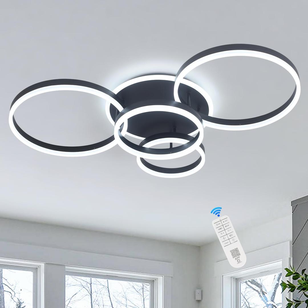 4-Rings Modern LED Chandelier with Remote Semi-Flush Mount Ceiling Light Dimmable 39’’ Black Ceiling Lamp with Remote for Living Room Dining Room (3000K-6500K), D39inch