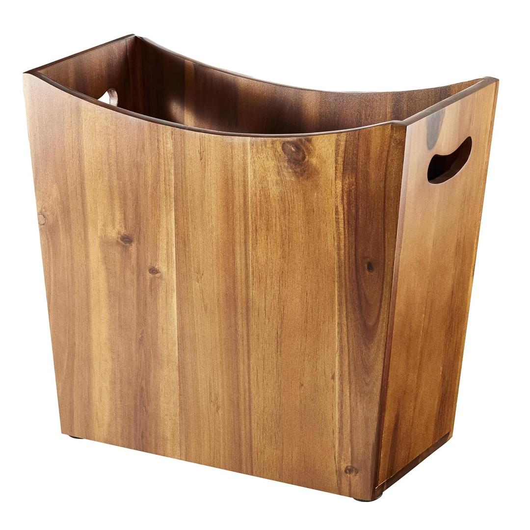 Tidita 3 Gallons Rectangular Wastebaskets - Acacia Wood Waste Basket with Handles - Small Trash Can for Bathroom - Brown Garbage Bin for Spa Decorative, Kitchen Under Counter, Living Room, Office
