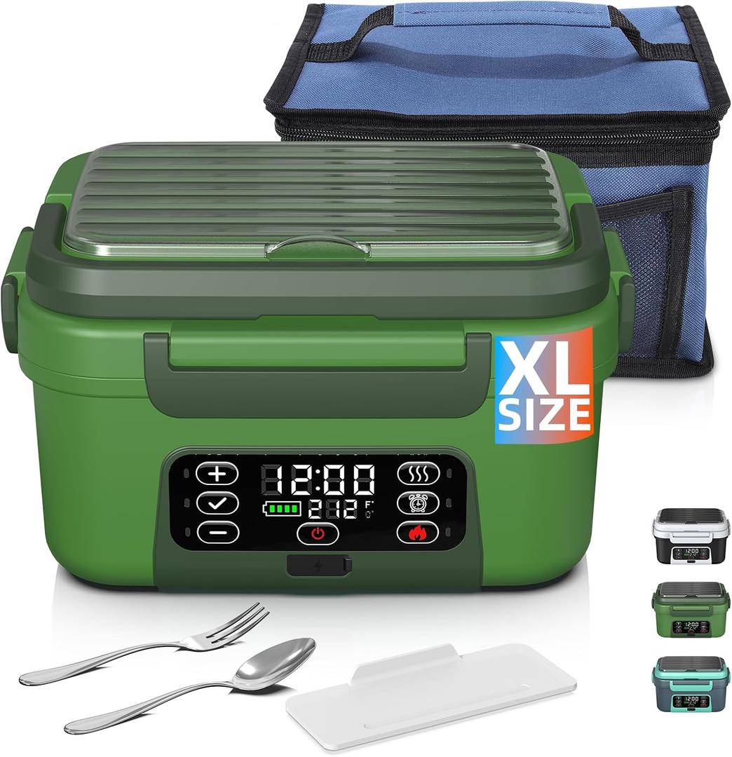 Cordless Electric Heated Lunch Box, XL 6.3Cups Rechargeable Food Warmer Lunch Box with Self Heating, Smart Timer, Adjustable Temperature, Leakproof, BPA Free, Removable Divider Green
