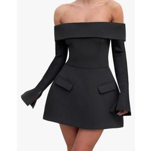 Women Sexy Mini Dress Off Shoulder Long Sleeve A Line Dress Short Formal Dresses Party Clubwear, Black, L