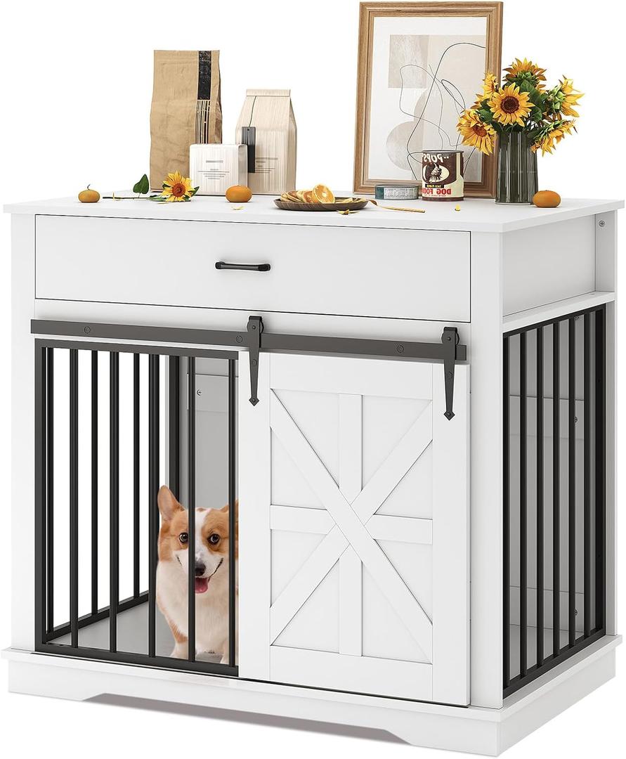37.8 Inch Heavy Duty Dog Crate Furniture for Large and Medium Dogs, Wooden Cage Kennel Furniture Indoor with Sliding Barn Door and Storage Drawer, Decorative Pet House End Table (White)