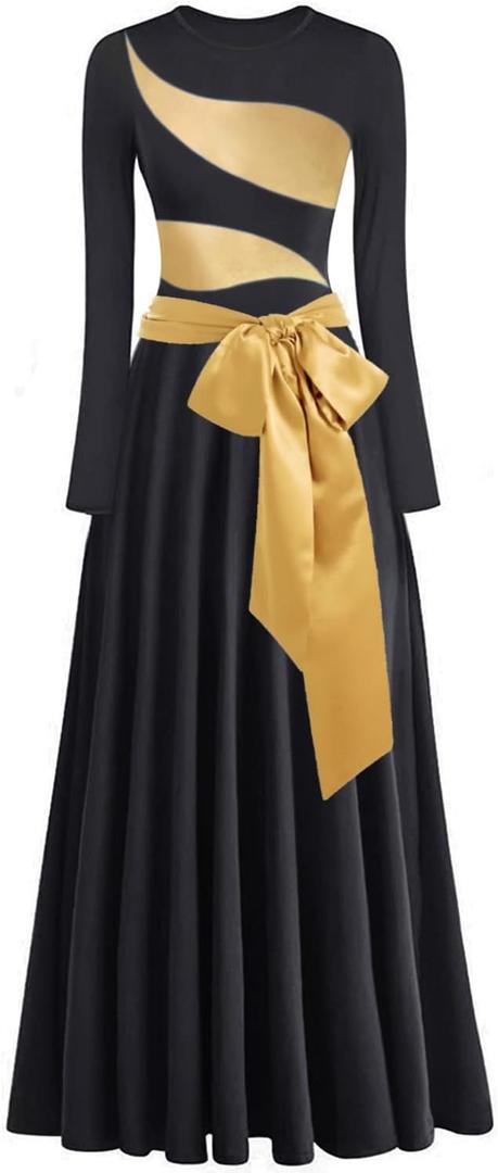 Women's Praise Dance Dress Irregular Gold Metallic Long Sleeve Liturgical Worship Church Lyrical Dance Costume (Large, 42 Black)