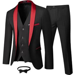 MY'S Mens 3 Piece Tuxedo Set with Bow Tie, Shawl Lapel One Button Jacket Vest & Pants, Slim Fit Suit Prom Party Wedding Tux M