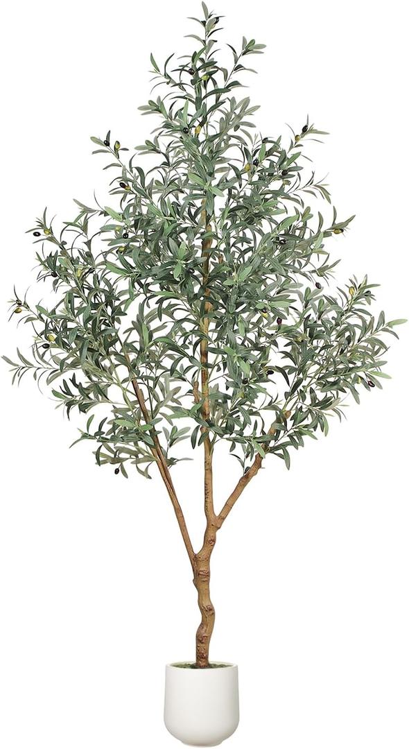 7FT Olive Trees Artificial Indoor - Realistic Artificial Olive Tree Indoor with White Planter, Large Full Fake Plants with Lifelike Fruits and Leaves for Modern Home Office Living Room Decor