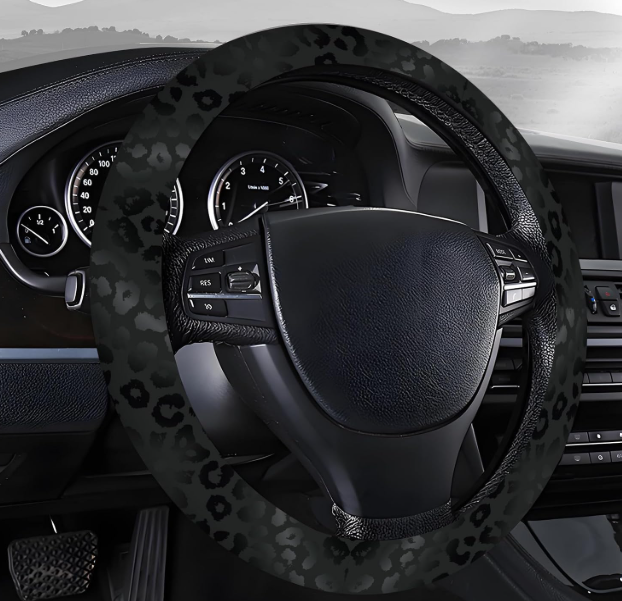 Steering Wheel Covers for Car, Truck, and SUV, Cute Non-Slip Breathable Elastic Steering Wheel, Car Accessories, Universal 15 Inch Leather Cover for Men Women Black Leopard Prin
