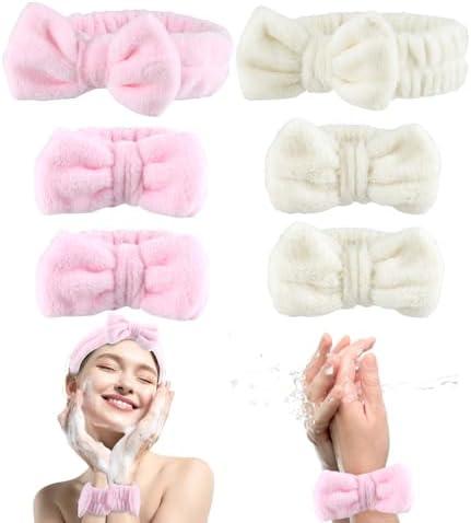 Pack Of 2 EHBELIF 6PCS Spa Headband and Wristband Set for Women & Girls - Soft Skincare Face Wash Headbands with Bows, Makeup Headbands, and Wrist Towels (Beige+Pink, Large)