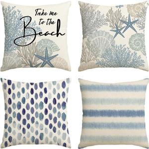 AVOIN colorlife Take Me to The Beach Summer Throw Pillow Covers, 18 x 18 Inch Blue Ocean Starfish Summer Cushion Case for Sofa Couch Set of 4