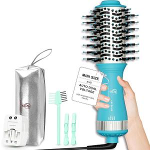 Travel Size Mini Hot Air Dryer Straightener & Curler Brush, Dual Voltage 2-Inch Nano Titanium Blowout Styler Volumizer Tool, European Blow Dryer Brush with Universal Adapter