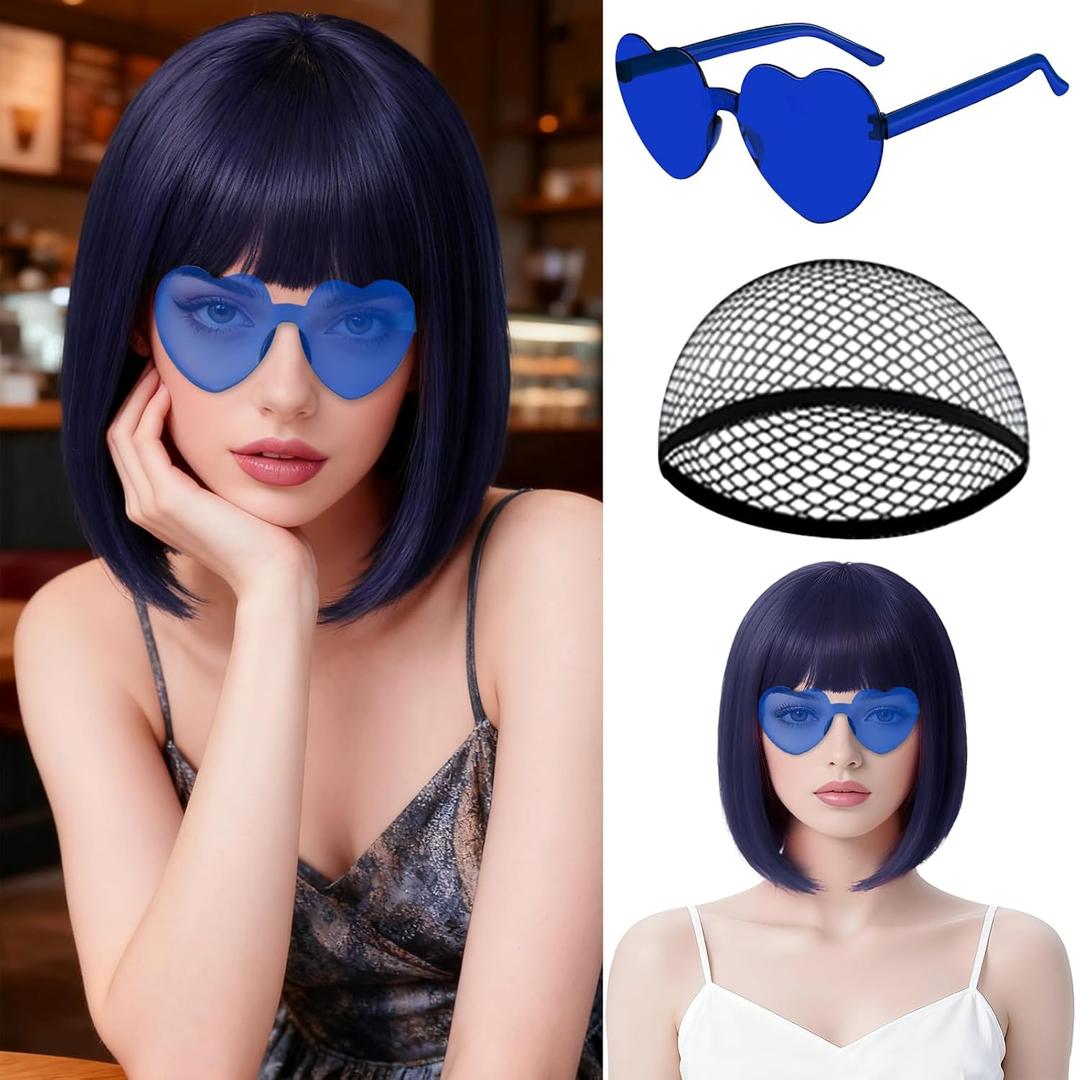 MEEZY Navy Blue Short Bob Wigs Straight Hair with Flat Bangs Heart Sunglasses for Women, Colorful Funny Cosplay Party Neon Wig Synthetic Natural As Real Carnival Halloween Costume