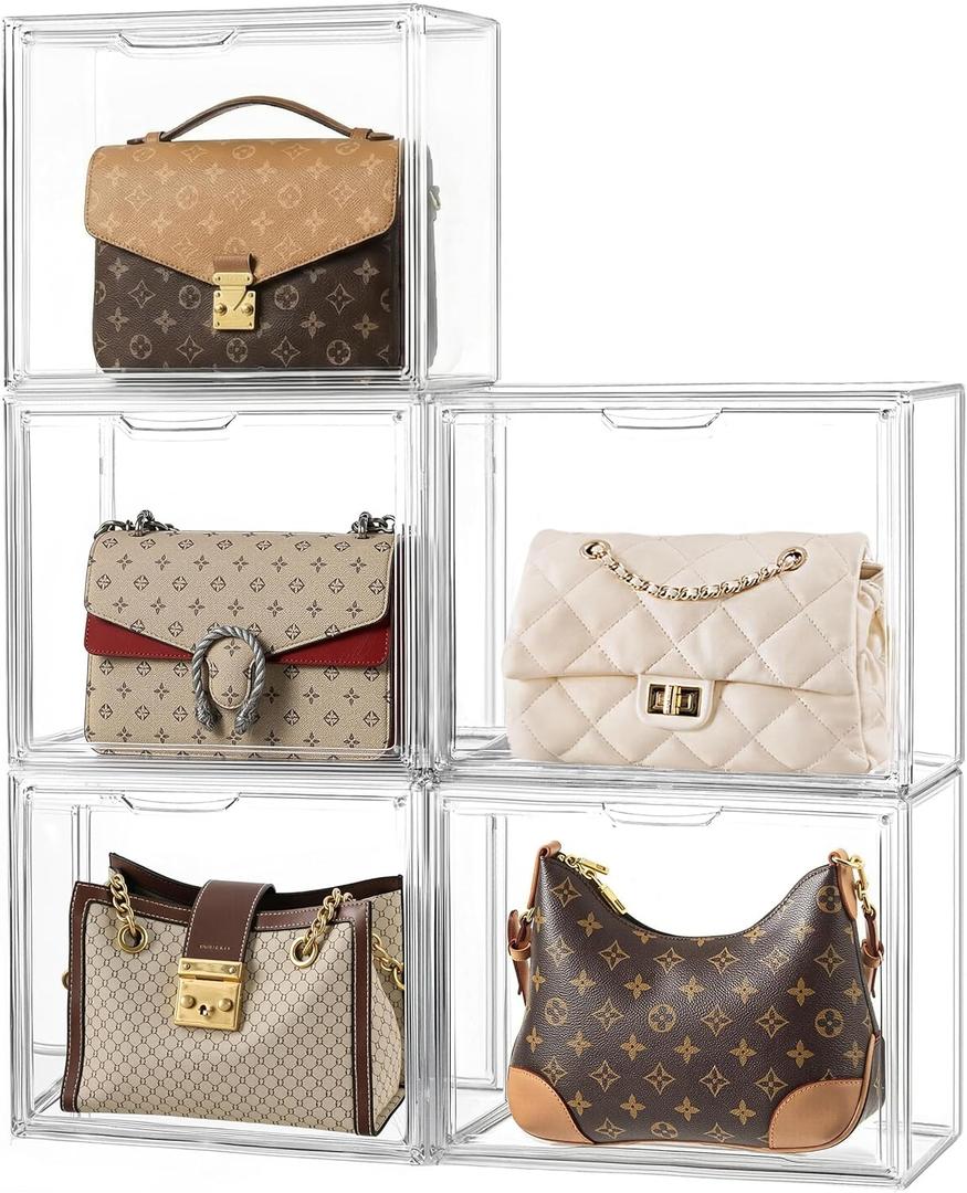 HBlife 5 Pack Purse Storage Organizer for Closet, Medium Clear Stackable Handbag Display Case Box with Magnetic Door for Collectibles, Cosmetics, Women Heels and Toys