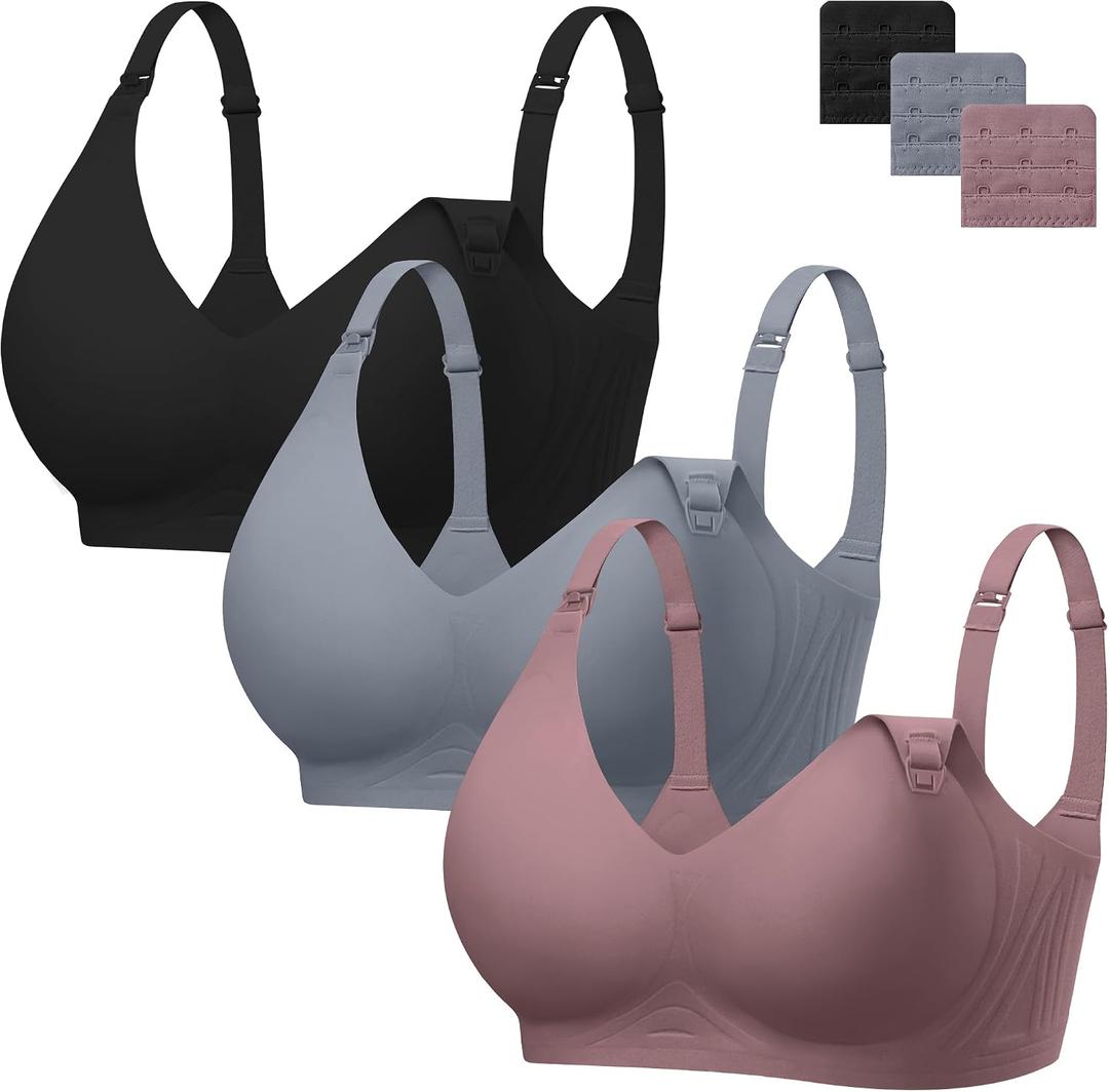 Angelhood 3 Pack Nursing Bras for Breastfeeding Seamless Pregnancy Maternity Bra Wireless Sleep Bralette with Extenders (L)