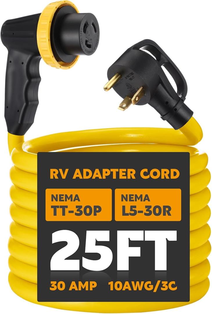 Kanayu 25ft 30 Amp RV Adapter RV Extension Cord with Locking Connector Plug NEMA TT-30P to L5-30R, Generator Extension Power Cord Adapter Plug with 90 Grip Handle, 10AWG/3C STW, ETL Listed