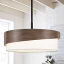 21.5'' Farmhouse Chandeliers for Dining Room Light Fixtures 5-Light Wood Texture Drum Chandelier with White Fabric Shade Large Rustic Pendant Lighting for Foyer Bedroom Living Room Kitchen，E26