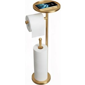 Gold Toilet Paper Holder with Shelf, Tissue Roll Holder Stand with Storage for Holding Extra 4 Toilet Paper Rolls, Stainless Steel Rustproof Freestanding (Brushed Gold)