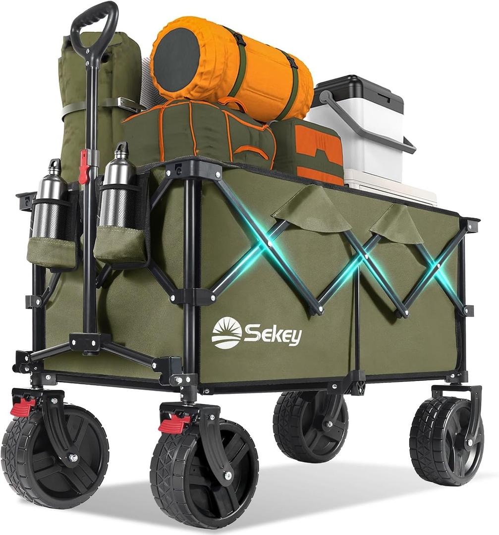 Sekey 220L Wagons Carts Foldable with Big All-Terrian Beach Wheels, Collapsible Heavy DutyWagon with Cup Holders, Extra Large Folding Wagon,Foldable Wagon for Camping, Garden, Sports. Khaki
