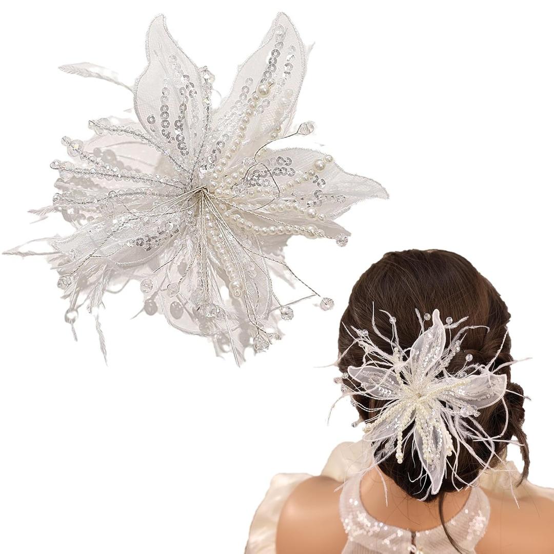 Vintage Feather Flower Hair Clips with Pearl Large Crystal Floral Barrettes Hair Pieces Handmade Bridal Wedding Hair Accessories for Women (White+Twisted Wires+Feather+Crystal+Beads)