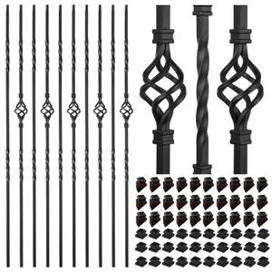 30 Pack Staircases Iron Balusters -1/2'' Square Hollow Metal Spindles with Single Basket and Double Twist Design, Includes 30 Flat Shoes & 30 Angle Shoes