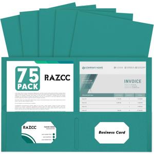 Two Pocket Folders, RAZCC 75 Pack 2 Pocket Folders Fit Letter Size Paper, Paper Folders with Pockets for School Office Business Home, Turquoise