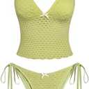 ZAFUL Tankini Swimsuits for Women Lace Jacquard Bowknot Decor Tummy Control High Cut Tanga Tankini Set, M