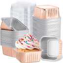 Skylety 100 Pcs 5 oz Mini Square Baking Pan with Lid Aluminum Foil Cupcake Pan Brownie Baking Cup Disposable Ramekins Individual Tin Dessert Containers for Kitchen, Food Grade Material(Champagne)