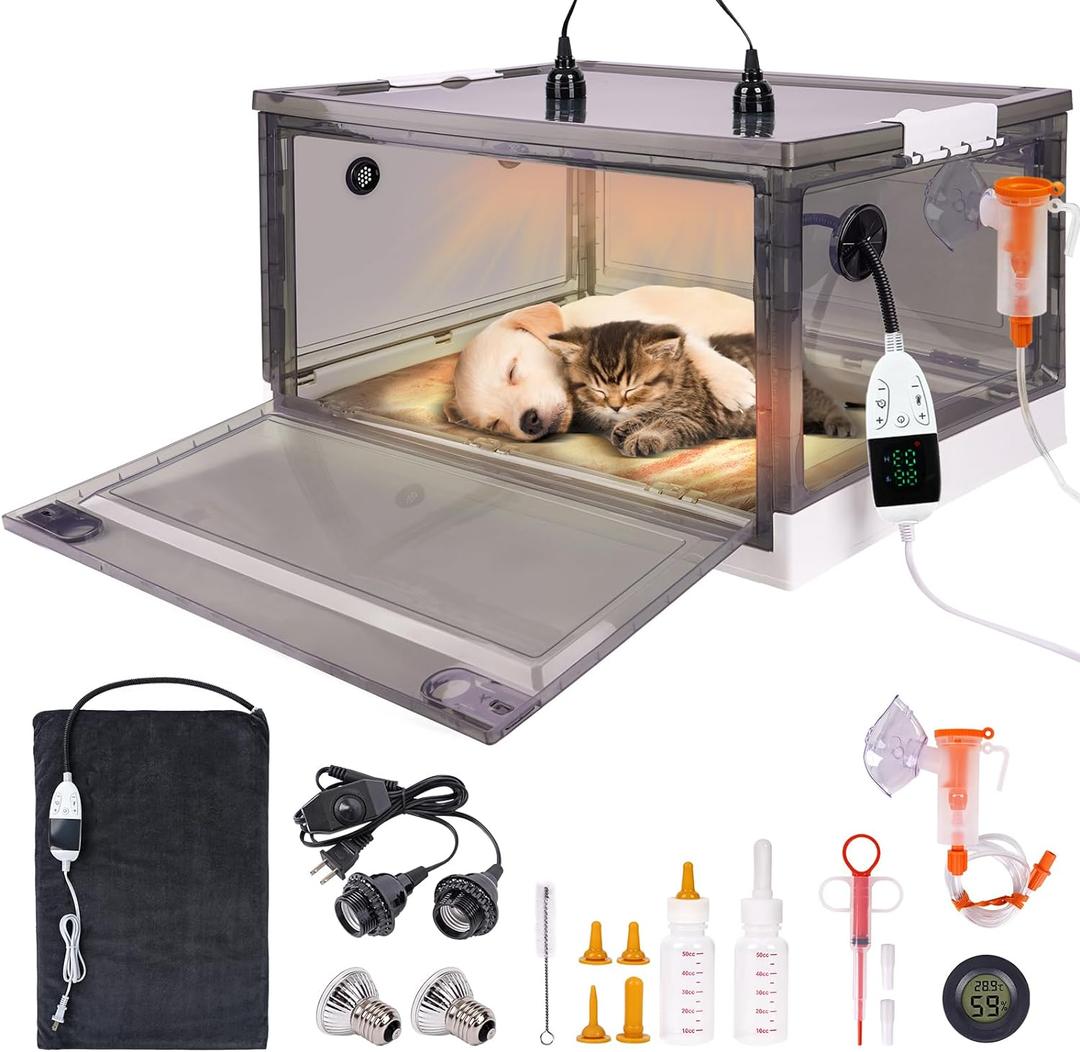 Puppy Incubator with Heating and Oxygenator, Incubator for Puppies, Kitten Incubator, Dog Incubator for Puppies, Puppy Whelping Supplies with Puppy Bed Mat, Temperature and Humidity Detection (55L)