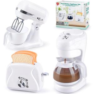 Kitchen Appliances Toys, Kids Play Kitchen Accessories Set, Pretend Kitchen Toys for Kids Ages 4-8, Coffee Maker, Mixer, Toaster with Realistic Lights & Sounds, Gift for Girls Ages 3+ (White)