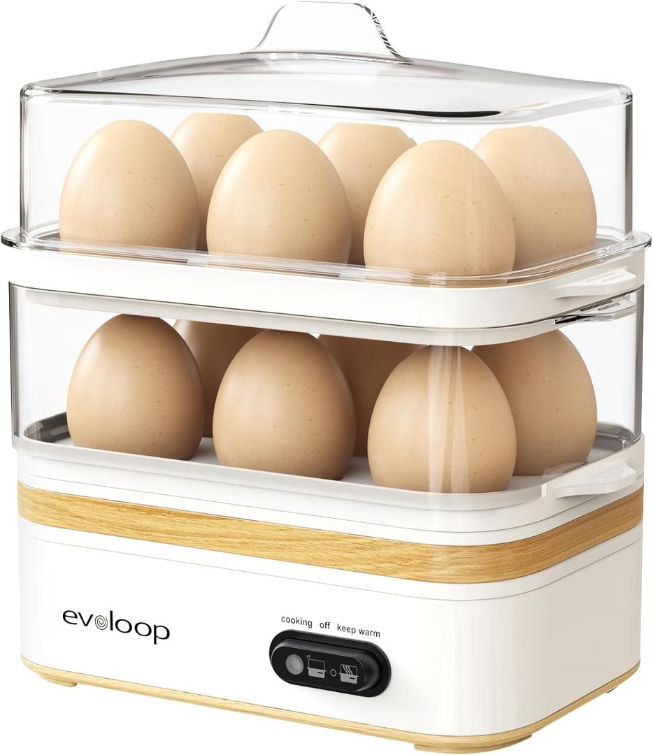 Evoloop Rapid Egg Cooker Electric 12 Eggs Capacity, Soft, Medium, Hard Boiled, Poached, Omelet Maker Egg Poacher & Vegetable Steamer, BPA Free Tray, White