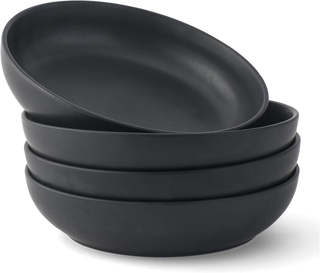 JoyJolt Mesa 40 Oz Stoneware Serving Bowls, Pasta Bowls Set of 4, Large Salad Pho Soup Bowls for Kitchen, Dishwasher and Microwave Safe Plate Bowls, Aesthetic Kitchen Essentials - Matte Black