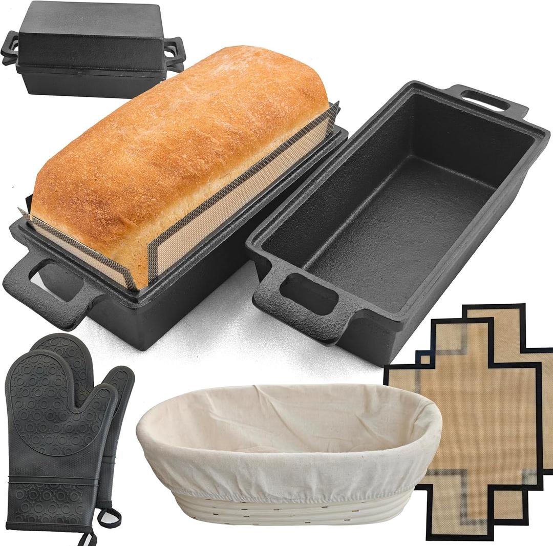 2-In-1 Cast Iron Oven Pan - 9"x5" Durable Loaf Pans Rectangular Baking Pan with Banneton Bread Proofing Basket set for home baking, 2 Piece Set -1.8 QT2 Pcs (Silicone mats, Bread Pan 4 Set)